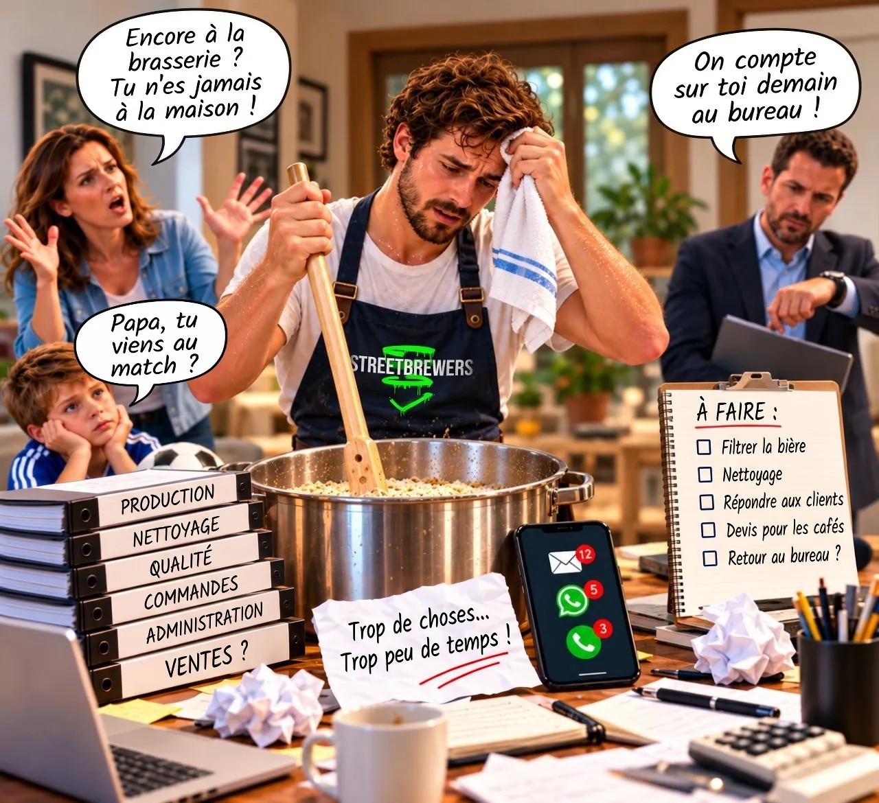 Un brasseur épuisé remue une cuve d'empâtage tandis que son partenaire lui demande pourquoi il n'est jamais chez lui, que son fils lui demande s'il vient au match et qu'un collègue compte sur lui au bureau, à côté de classeurs, d'une liste de tâches et d'un téléphone rempli de messages