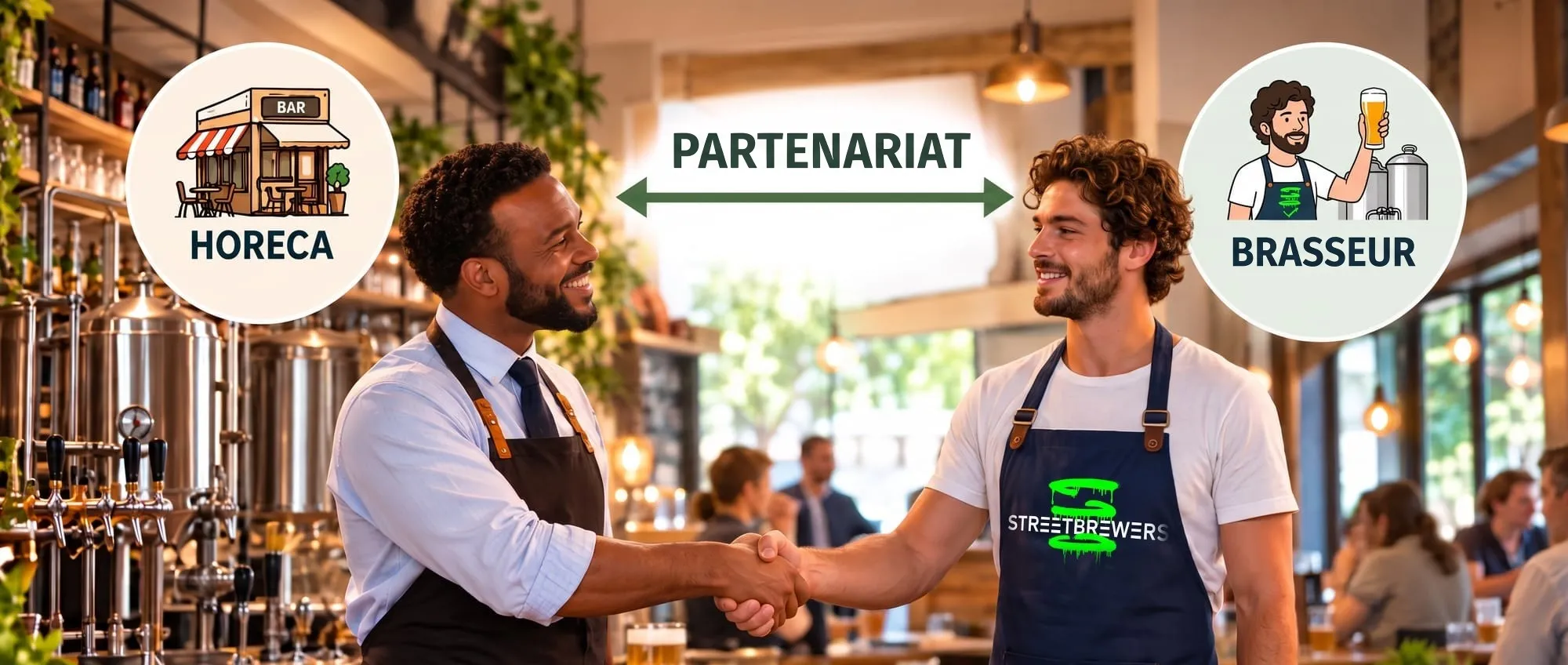 Le propriétaire d'un bar et un jeune brasseur, portant un tablier bleu marine Streetbrewers, se serrent la main dans une brasserie ; une flèche portant la mention « Partenariat » relie un badge Horeca à un badge « Brasseur ».