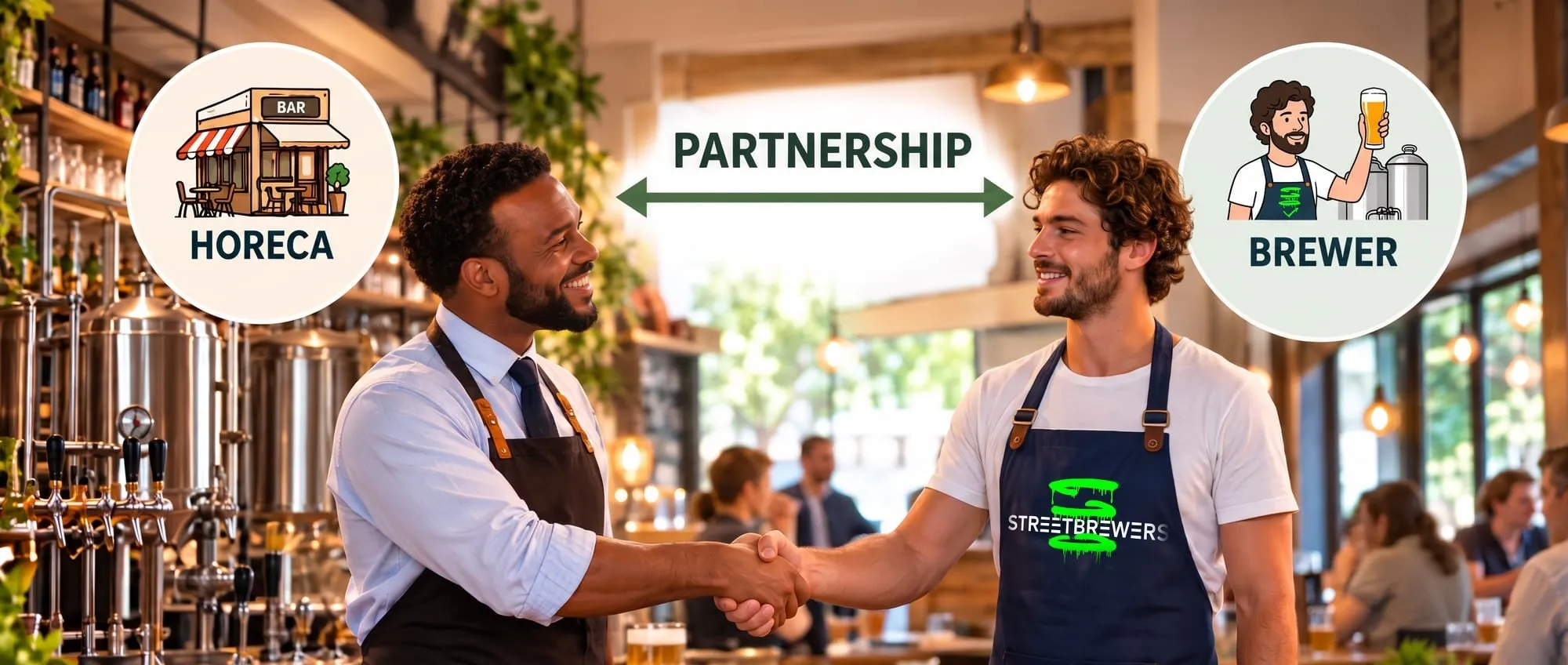 Le propriétaire d'un bar et un jeune brasseur, portant un tablier bleu marine Streetbrewers, se serrent la main dans une brasserie ; une flèche portant la mention « Partenariat » relie un badge Horeca à un badge « Brasseur ».