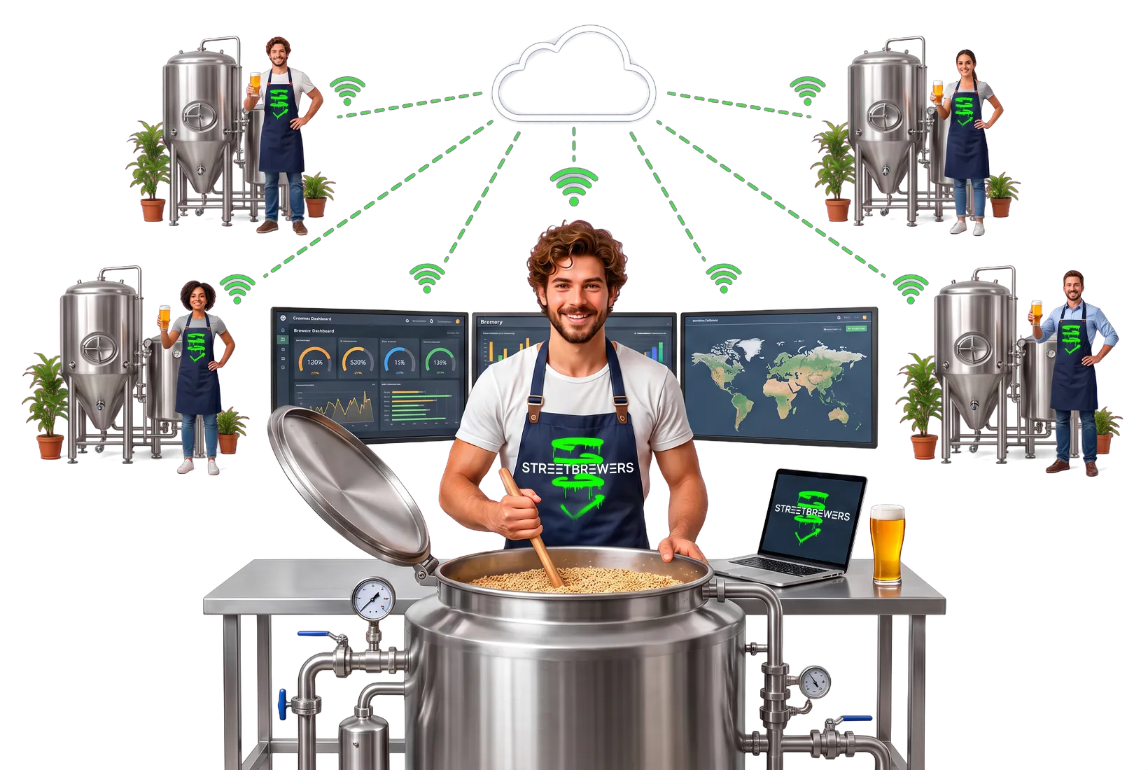 Un jeune brasseur remue la mêlée dans sa propre brasserie devant ses écrans de contrôle, connectés via le cloud à quatre nano-brasseries distantes, chacune gérée par du personnel de bar levant une bière