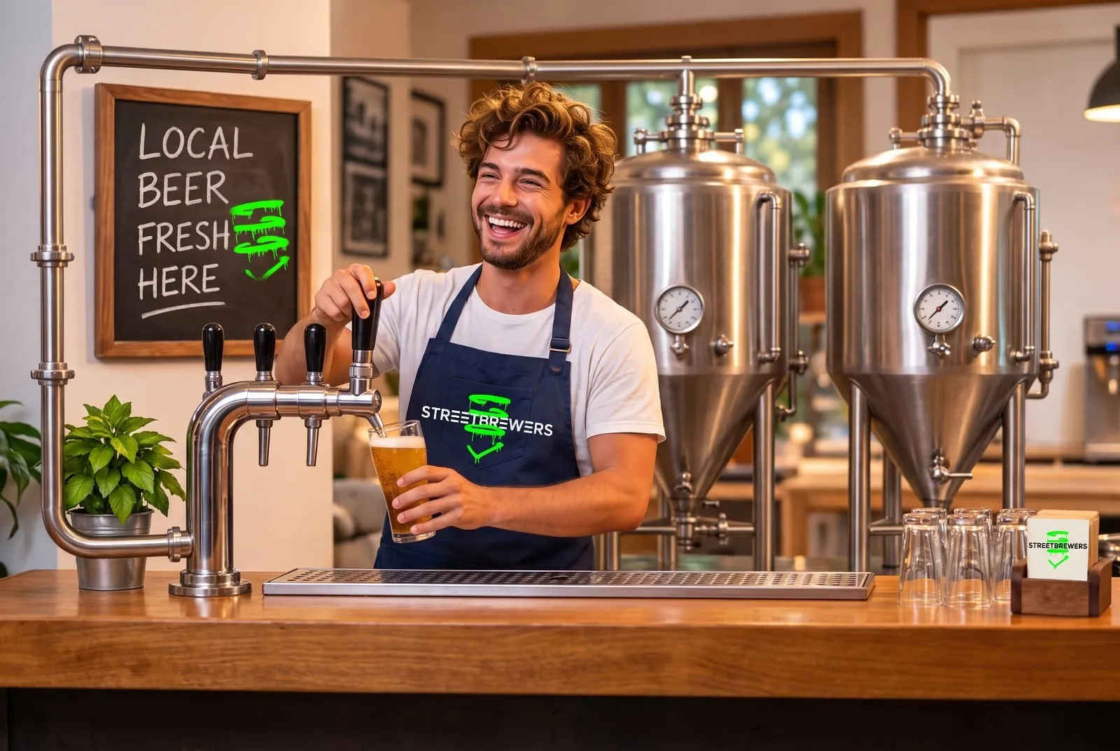 Un jeune brasseur souriant sert une bière fraîche à la pression dans son brewpub, avec deux cuves de fermentation en arrière-plan et un tableau noir sur lequel est écrit "Bière locale, fraîche ici"