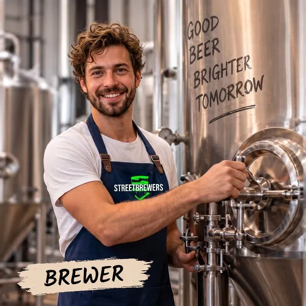 Un jeune brasseur souriant actionnant une vanne sur ses cuves de brassage, sous une étiquette « Brewer »