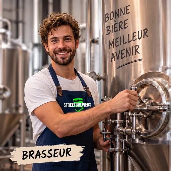 Un jeune brasseur souriant actionnant une vanne sur ses cuves de brassage, sous une étiquette « Brewer »