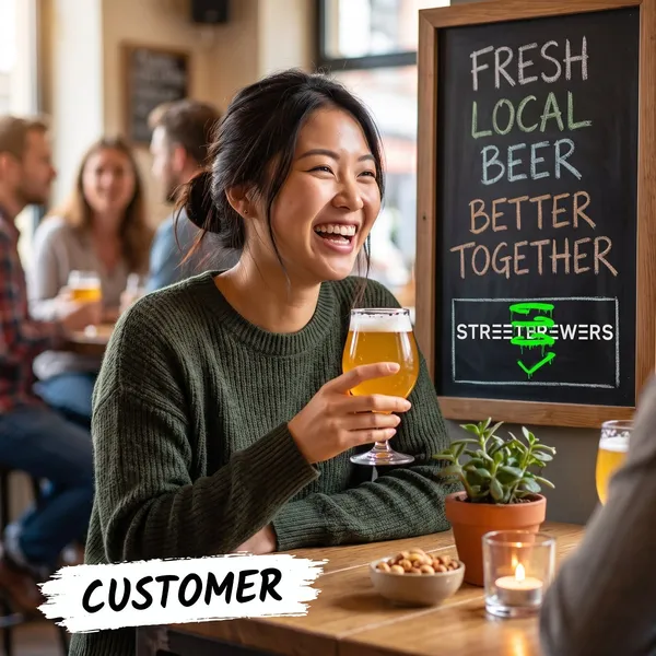 Un client souriant lève un verre de bière à une table, sous une étiquette « Client »