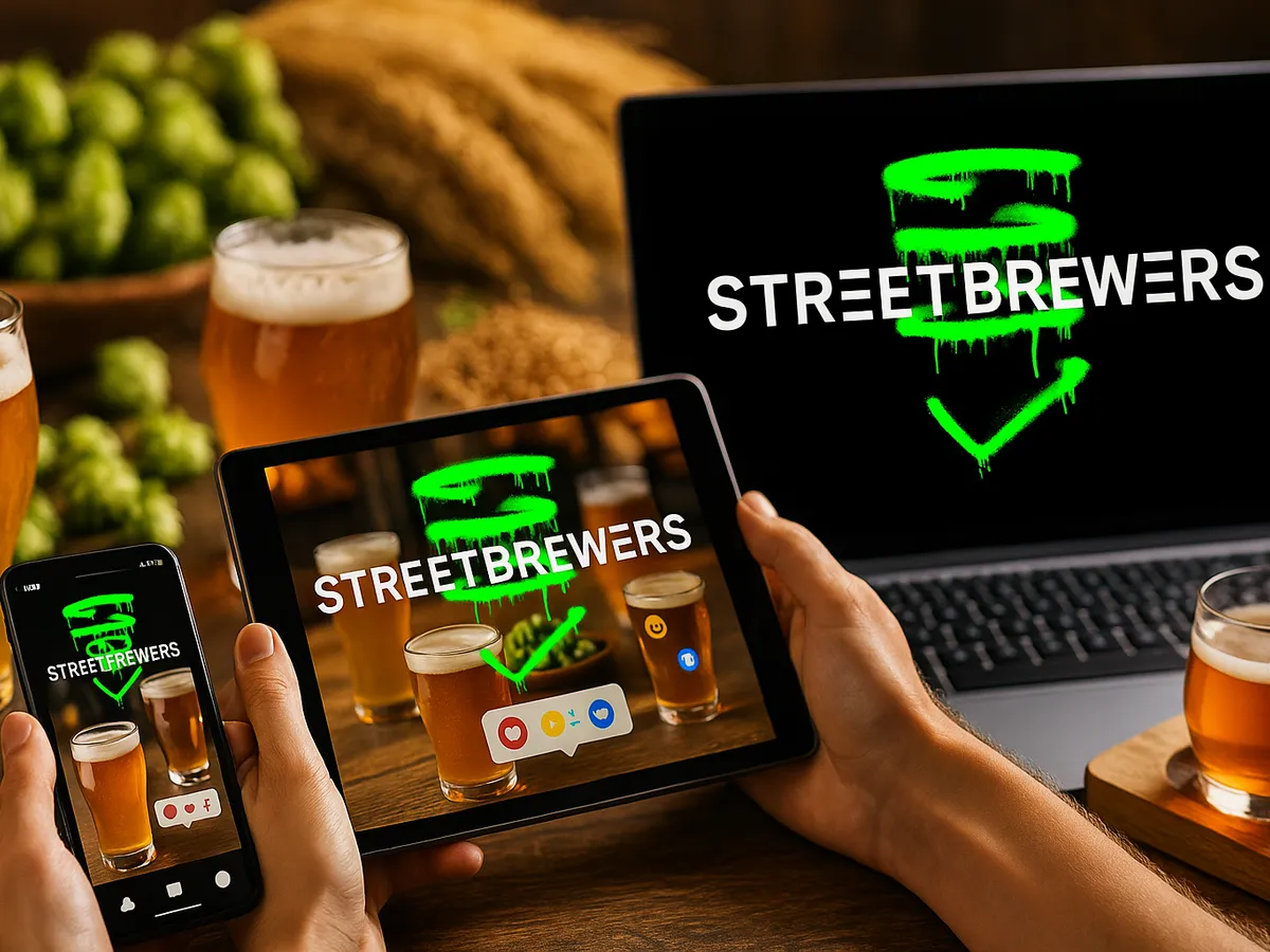 Un téléphone, une tablette et un ordinateur portable affichant tous le logo de Streetbrewers, au milieu de verres de bière, de houblon et d'orge