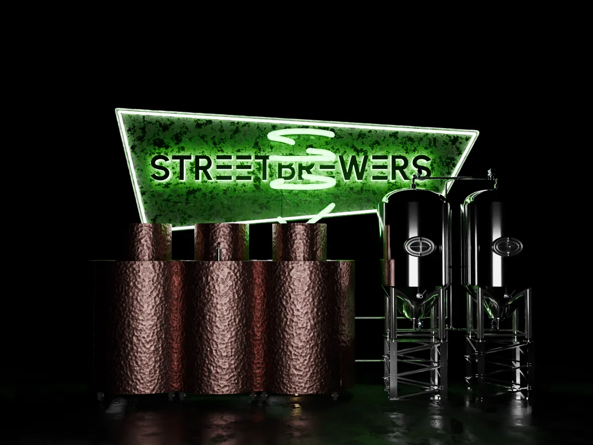 Rendu 3D d'une nano-brasserie Streetbrewers, composée de trois cuves de brassage cuivrées et de deux cuves de fermentation en acier, sous une enseigne néon Streetbrewers verte et lumineuse