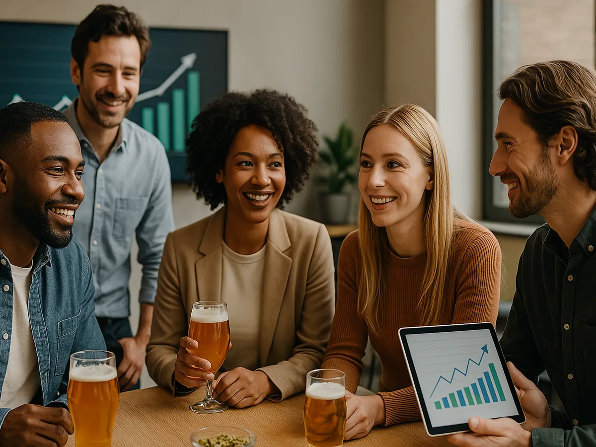 Des investisseurs souriants partagent des bières autour d'une table tandis que l'un d'entre eux montre un graphique illustrant la hausse des ventes sur une tablette