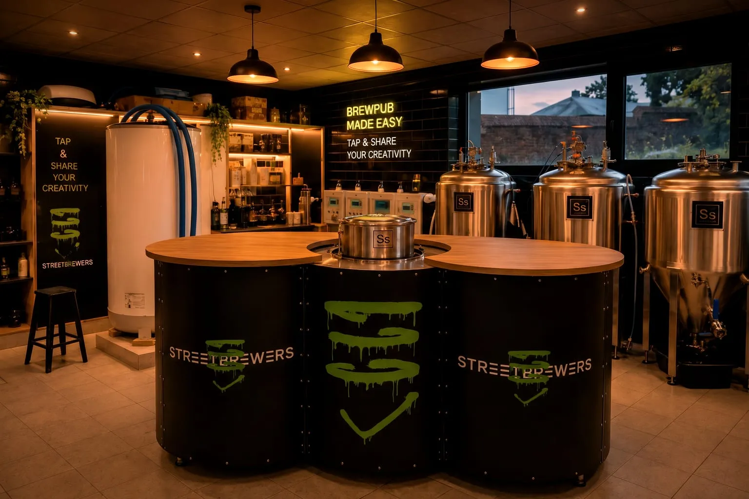 L'îlot de brassage Streetbrewers, composé de trois cylindres noirs aux plateaux en bois et arborant le logo graffiti vert, dans un brewpub en soirée