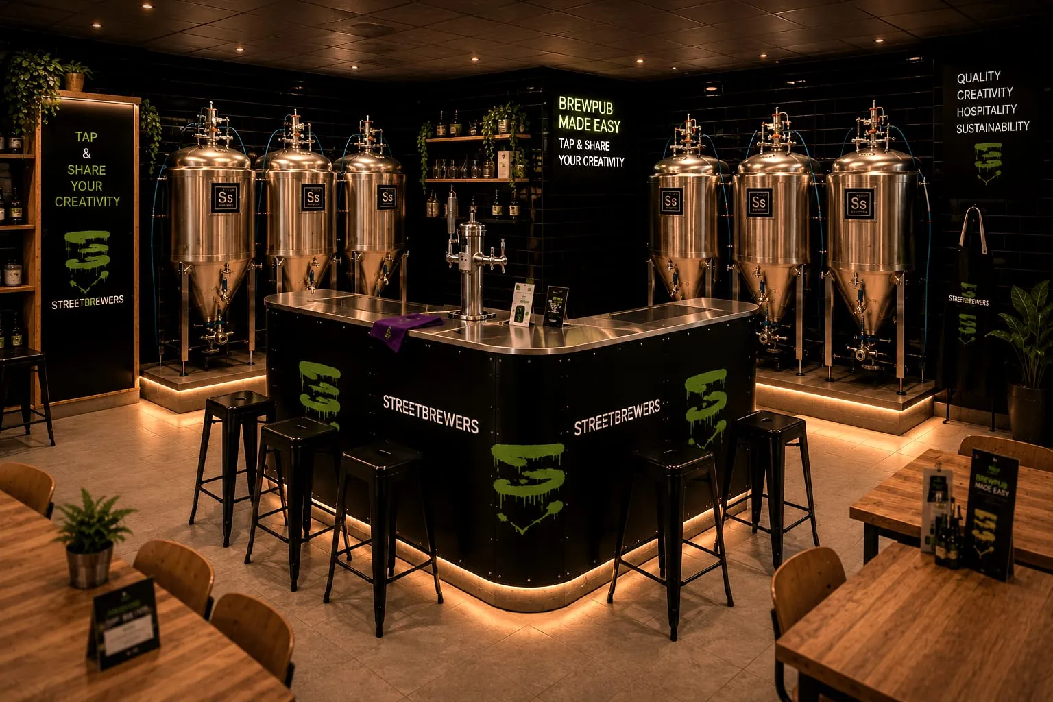 Un bar d'angle Streetbrewers doté de six cuves de fermentation et d'une colonne de tirage, installé dans un autre établissement