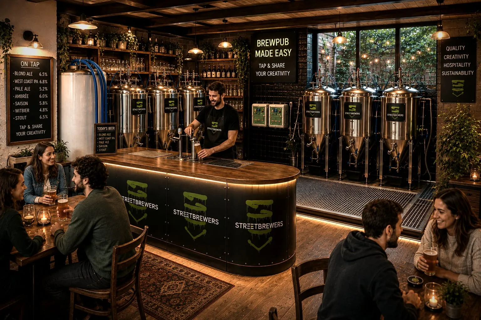 Un barman sert une bière maison au comptoir Streetbrewers tandis que des clients boivent à des tables, des cuves de fermentation étant disposées derrière le bar