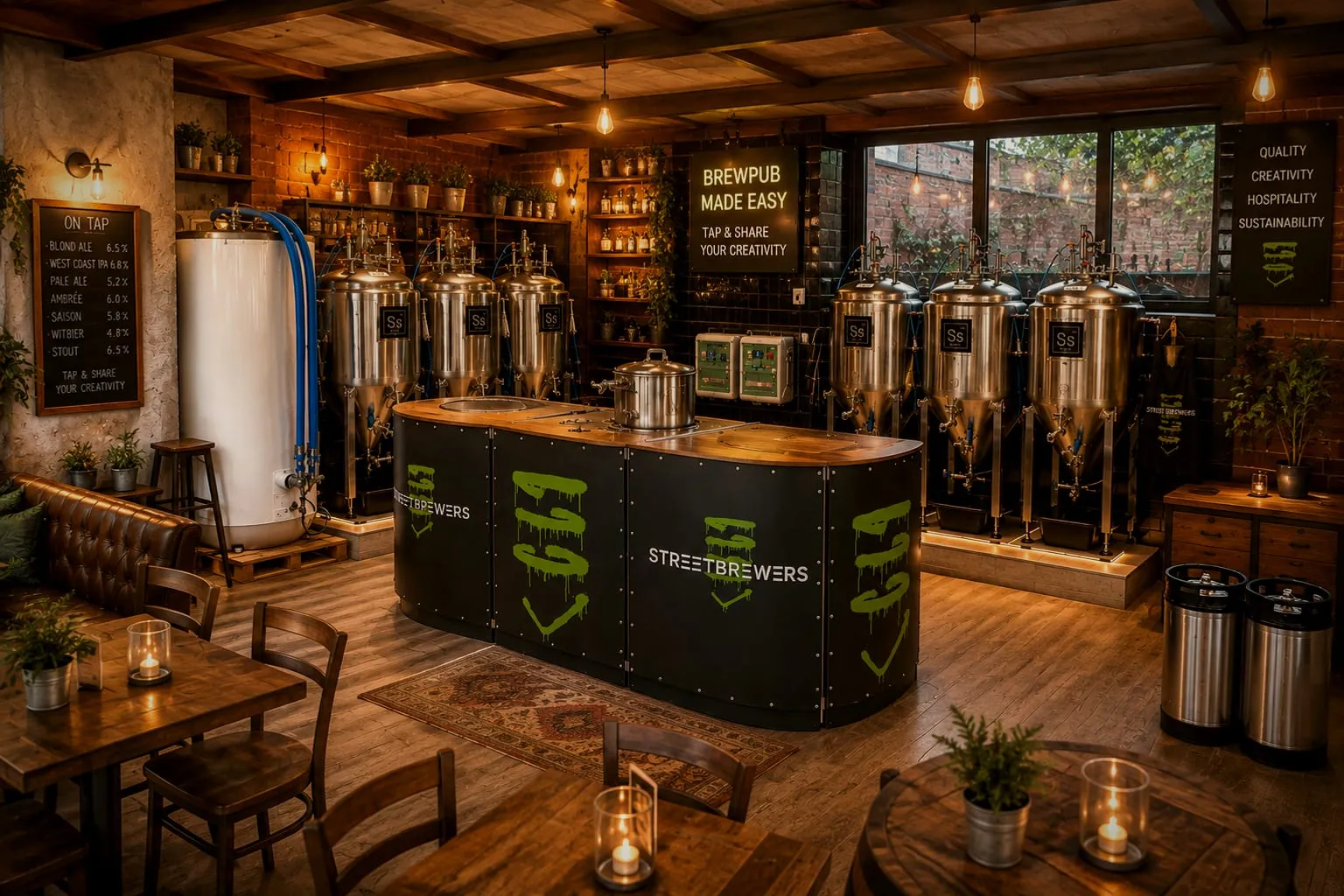 Un brewpub doté d'un comptoir de brassage Streetbrewers devant six cuves de fermentation alignées le long du mur